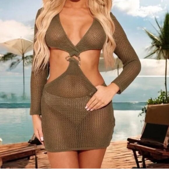 NWT PrettyLittleThing Green Cut Out Crochet Beach Dress Size 10 - Picture 1 of 10